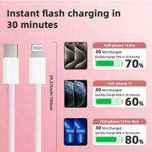 1 条/4 条 20W 3.3 英尺/100 厘米 Type-C 转 Lightning 尼龙编织数据线，兼容 14 13 12 11 Pro Max XR XS X 8 7 6 Plus SE/iPad，高速充电线 MFi 认证兼容 14 Pro Max、14 Pro、14 Plus、13 Pro Max、13 Pro、13、12 Pro、12、11、XS、XR、8 Plus、8、7、6、5、SE，适用于 iPad 充电器 - 彩色 - 查看 6