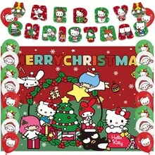 Decoraciones de fiesta de Sanrio - Globos de fiesta de Navidad con diseño de Hello Kitty, fondo de pantalla de Navidad Kawaii de Hello Kitty, banderín de Navidad de Hello Kitty, decoración colgante de pared de Hello Kitty, decoraciones de fondo para fotos de reunión de fiesta