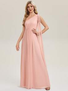 EVERPRETTY Solid Color One Shoulder Flowing Design Elegant Bridesmaid Dress - Pink - View 3
