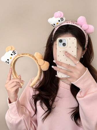  Officially Licensed Sanrio Cute Leopard Print Hello Kitty Bow Headband, Pink & Yellow Plush Hairband Suitable For Market, Gifts, Holidays, Parties, Kuromi, My Melody, Pompompurin, Hair Band, Hair Hoop