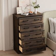 Furniwell Farmhouse 5 Drawer Dresser For Bedroom,  Tall Wood Dresser With Natural Texture, Large Drawers