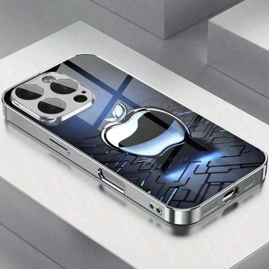 1 buc. Carcasă de telefon din material sticlă electrolizată, cu textură metalică albastră de înaltă tehnologie, model reflectorizant cu măr, potrivită pentru iPhone Air/17/16/5/14/13/12/11 Pro Max, 16e, Galaxy A52/A53/A54/A5/A56, S21/S22/S23/S24/S25 Plus, Ultra - Argint - Vizualizare 1