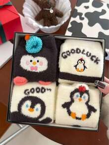 4双中筒卡通袜：秋冬季卡通企鹅主题保暖袜，圣诞礼物 - 多色1 - 查看 2