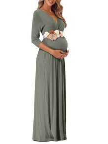 Elegant Sage Green Maternity Maxi Tunic Dress With Floral Appliques V-Neck Half Sleeve Wrap Design Made From High Stretch Knitted Fabric - 薄荷綠 - 查看 9