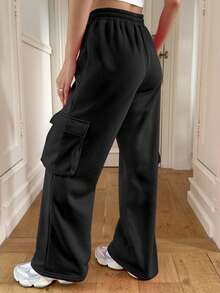 女士秋冬美式羊毛连体裤，带口袋和可调节抽绳，时尚运动裤，适合5°C及以下气温，抓绒面料 - 黑色 - 查看 4