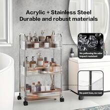 3/4-Tier Acrylic Multi-Use Rolling Cart, Modern Clear Design With Alloy Handle & 360° Wheels + Hanging Storage, Portable Organizer For Dorm/Bar/Kitchen – Perfect For New Year Refresh - 透明色三層結構 + 四個懸掛式花籃 - 查看 2