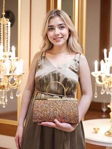 Glitter Sequin Evening Clutch Bag For Women - Metal Top Handle & Detachable Chain Strap, Sparkly Handbag For Party, Prom, Gala (Multiple Colors Available)