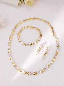 Bộ trang sức mạ vàng ba màu dành cho nữ Bộ trang sức trái tim XOXO Phụ kiện váy cưới Bộ vòng cổ hoa tai pha lê vàng - Bộ 4 món - Xem 14