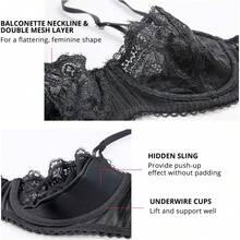 Women's Sexy Lace Push Up Plus Size Bra Sheer Balconette Underwire Unlined - 黑色睫毛蕾絲 - 查看 5