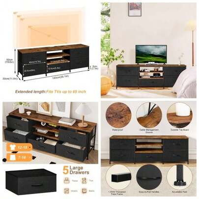 TV Stand Cabinet, TV Unit TV Console Table With 5 Drawers Storage Organizers, Entertainment Center With Open Shelf Living Room, Bedroom Black