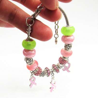 Pulseira de Contas com Furo Grande Fita Rosa de Conscientização do Câncer de Mama de Outubro, Esperança Amor Corrente Serpente