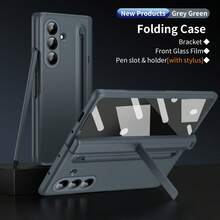 غطاء هاتف واقي مع فتحة قلم، غطاء هاتف مقاوم للصدمات بالكامل، مزود بقلم حبر، تصميم فتحة قلم متكاملة، حماية مفصلية، غطاء هاتف جانبي مع زجاج مقسى، مناسب لهواتف سامسونج جالكسي ZFold3/ZFold4/ZFold5/ZFold6/ZFold7