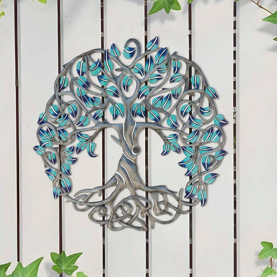 1pc Vibrant Tree Of Life 15.74" Metal Wall Art - Colorful Leaf Accents, Intricate Design For Farmhouse Decor In Bedroom, Kitchen, Living Room, Office, Or Outdoor Spaces