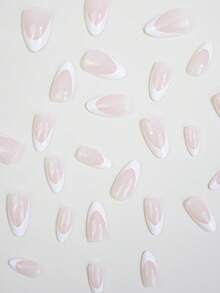24pcs/Set Short Almond Black French Fashion Design Full Coverage Fake Nail Art Patch Pressed On Nail Art Supplies Suitable For Office Ladies, Party And Daily Wear Full Coverage Fake Nail Art Patch + 1 Jelly Gel + 1 Nail File Decorate Your Nails Enhance Your Fashionable Taste Nails - 白色 - 查看 5