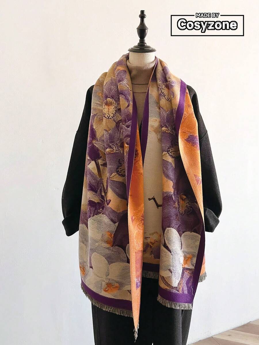 1 chiếc khăn choàng dệt kim Jacquard họa tiết hoa sơn dầu cổ điển dành cho nữ, khăn choàng ấm áp và đa năng cho mùa thu/đông, thích hợp sử dụng hàng ngày cho trang phục - Màu tím - Xem 1