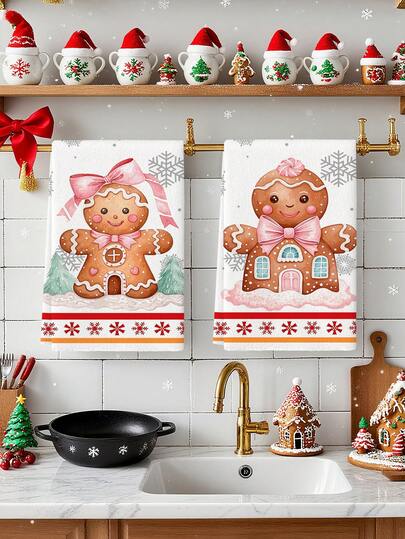 2 件装姜饼人圣诞厨房毛巾水彩洗碗巾厨房装饰洗碗布