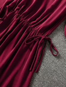 Women's Solid Tie Waist Ruffle Maxi Dress, Round Neck Button Long Sleeve Slim Fit, For Date, Vacation, Holiday, Home, Fall Winter Spring - Burgundy - View 7