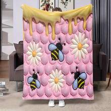 1 Stk Gemütliche Bienen- & Gänseblümchen-Muster Flanelldecke - Weich, Warm Und Maschinenwaschbar Für Sofa, Bett Oder Camping - Rosa Mit Gelb & Weiß Muster, Ganzjahreskomfort, Entspannung Zu Hause  Verspieltes Design  Kuschelige Textur