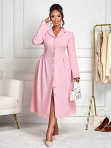 BIUBIU Women's Plus Size Elegant Office Commuting Tweed Pearl Button Decoration Apricot Waist Cinched Double Breasted Long Sleeved Suit Dress; Autumn Women's Clothing; Women's Office Attire; Women's Long Coat, Autumn And Winter Clothing/Fashionable Casual Home And Outdoor Clothing/Autumn Wedding Guest Dress/Business Casual Women/Women's Office Clothing/