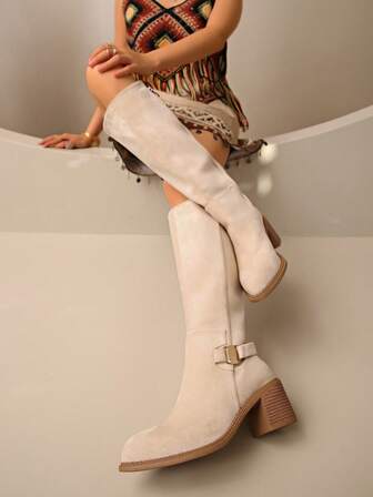 2025 Autumn/Winter New Vintage Over-The-Knee High Shaft Riding Boots For Women, Thick Heel Tall Boots With Belt Buckle, Western Cowboy Boots