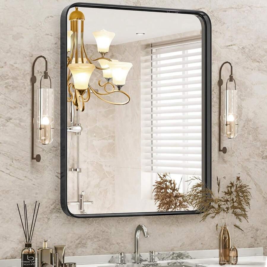 DUMOS Black Metal Framed Vanity Rounded Rectangle Bathroom Mirrors Over Sink Wall, 36x24 Inch Large Matte Mirror, Modern Decorative Restroom, Farmhouse, Horizontally Or Vertically Hanging - 黑色/長方形 - 查看 1