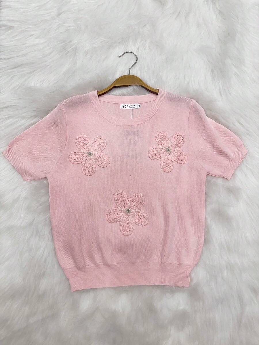 Bin Hang - Blusa feminina de manga curta em malha bordada com losangos