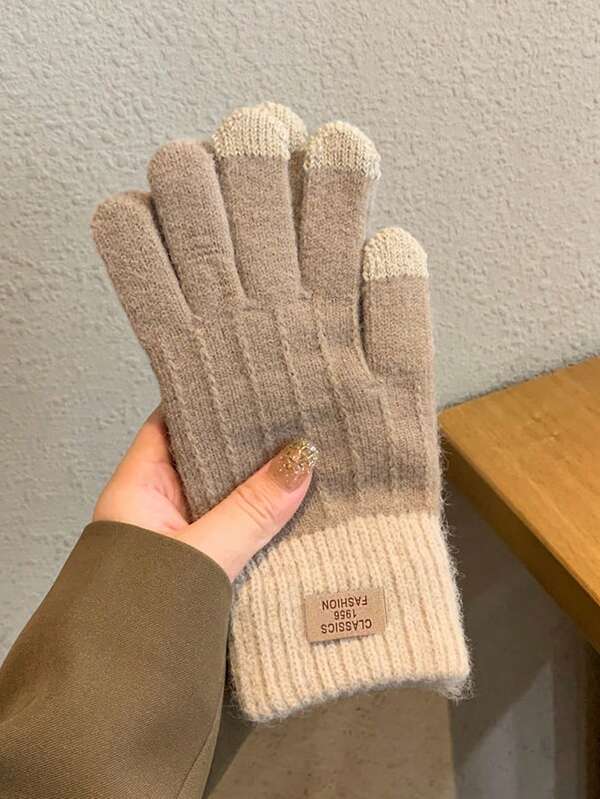 1 paire de gants tricotés à doigts complets noirs, gants de cyclisme chauds doublés thermiques pour temps froid, gants de neige