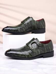 Men's Faux Leather Crocodile Embossed Monk Strap Dress Shoes – Dual Buckle Closure Polished Finish Pointed Toe Non-Slip Rubber Sole Lightweight Durable Formal Footwear | Ideal For Office, Weddings & Formal Occasions - 綠色 - 查看 2