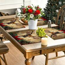 4 buc. Covorașe de masă dreptunghiulare din in, cu imprimeu de reni de Crăciun - Covorașe de masă țesute din in, pentru sufragerie, bucătărie, masă de cafea, decor pentru masă