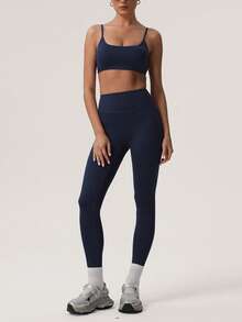 Sodalemon Women's Solid Color Thick Sports Bra & Yoga Leggings 2 Pieces Set, Minimalist Design For Fitness Training - Màu xanh hải quân - Xem 6