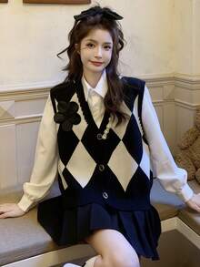 1pc Academic Elegant Mature Student JK Uniform Costume Set, COSPLAY Role Play Outfit For Holiday Party, Performance, Stage Wear, Includes Blouse + Skirt + Vest