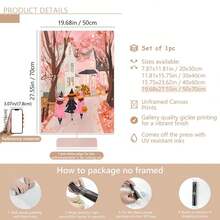 1 pieza Pintura de pared de bruja rosa de Halloween, Pintura de tres niñas pidiendo dulces, arte de pared raro y lindo, imprimible de otoño para habitación de niñas (Marco opcional)