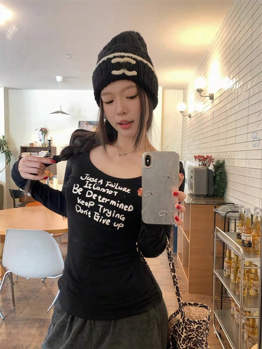 Women Casual Slim Fit Long Sleeve T-Shirt, Cozy & Chic, Spring/Summer Black - Black - View 1