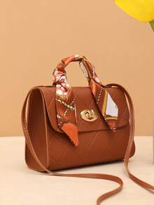Women's Small Handbag With Embossed Plaid Pattern, Suitable For Daily Outings, Comes With Scarf - Brown - View 3