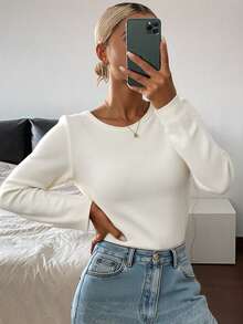 Livesso Women's Solid Color Round Neck Fitted Long Sleeve Casual Elegant Thick Knitted Sweater, Autumn/Winter - Beige - View 3