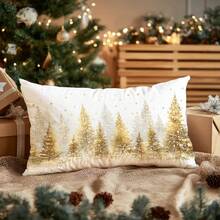 1pc Christmas Minimalist Golden Christmas Tree Pillow Cover, Single-Sided Soft Peach Velvet Fabric, 30*50cm/40*60cm Cushion Cover Suitable For Indoor Decor, Party Decoration, Decorative Pillow Gift