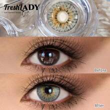 FRESH LADY Freshlady 1 paire de lentilles de contact colorées, 14,0-14,20 mm, utilisation annuelle ou 6 mois, lentilles de maquillage créatives pour les yeux, couleur vive de printemps, maquillage beauté des yeux vert/gris, pour le travail, l'école, le port quotidien, les fêtes, cadeau pour les amis - 0 - Voir 5