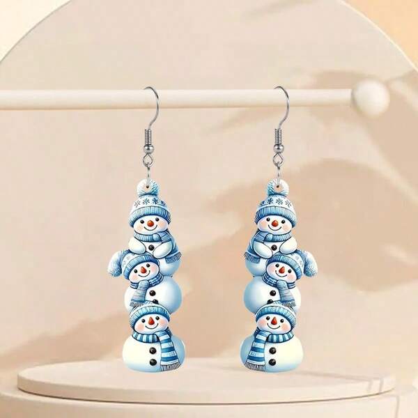 Pendientes acrílicos únicos con diseño de aro largo colgante de muñeco de nieve azul festivo, perfectos para fiestas de Navidad y Año Nuevo
