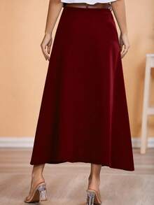Long Monochromatic Tailored Skirt With Black Belt/Button Details/Casual/Took/Everyday/Summer/Elegant/Casual/Stylish/Collection 2024 - 酒紅色 - 查看 3