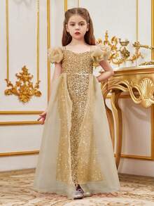 ALISA&LEO Sparkly Wide Strap Mermaid Flower Girl Dress With Bow Accents & Sequin Embroidery For Wedding Ceremonies, Formal Galas, Evening Receptions, Birthday Celebrations, Awards Nights