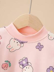 2pcs Girls Thickened Warm Underwear Set, Cartoon Floral Rabbit Print, Thermal Lined Pajamas For Autumn/Winter - Pink - View 3