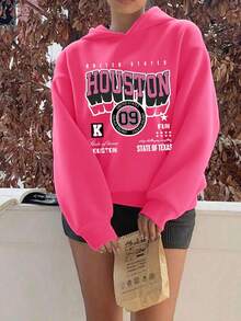 Tween Girls Casual Simple Design Letter Print Hoodies Girls Long Sleeve Hooded Sweatshirts Autumn And Winter Student Tween Girls Clothing