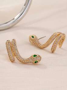1 Pair Fashionable Micro-Inlaid Zirconia Snake Stud Earrings - Yellow Gold - View 3