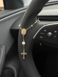 1 x Đồ trang trí tràng hạt vô lăng | Phụ kiện mặt dây chuyền tràng hạt ô tô | Trang trí xe hơi | Mặt dây chuyền ô tô | Trang trí mặt dây chuyền ô tô thời trang độc đáo - Thập tự giá ngọc trai - Xem 7