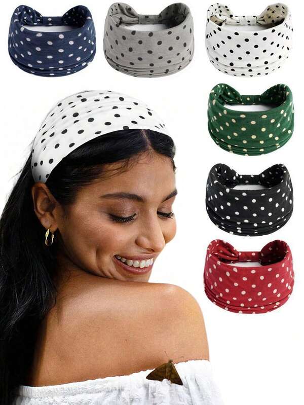 1pcsWide Boho Headbands For Women Vintage Retro Polka Dots Fashion Yoga Workout Head Wraps Knotted Winter Hair Accessories Elegant Hair Band Women Bandanas Elegant Scarf