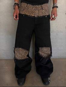 Fashion Stitching Leopard Print Retro Jeans, Punk Style Electronic Sound Black Jeans Wide Leg - Black - View 1