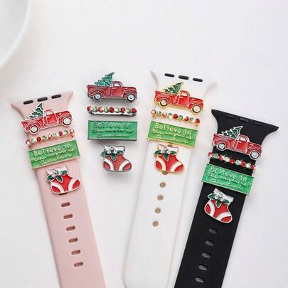 4pcs Christmas Watch Band Decorative Rings, Zinc Alloy Material, Car/Sock Christmas Themed, Compatible With Apple// Watch Bands, Holiday Gift (Watch Band Not Included)