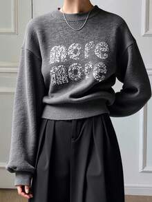 Livesso Women's Sparkly Sequin Letter Decor Loose Fit Round Neck Sweater,Fall Clothes Carnival - Grey - View 1