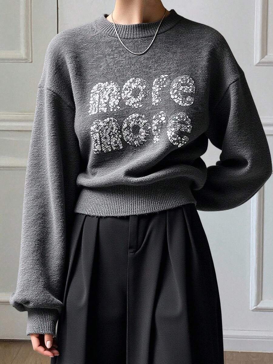 Livesso Women's Sparkly Sequin Letter Decor Loose Fit Round Neck Sweater,Fall Clothes Carnival - Grey - View 1