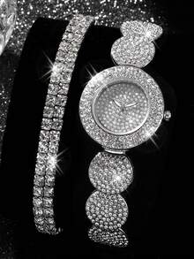 2 件套：女士时尚闪亮水晶钢带石英腕表，配配套手链 - 銀色 - 查看 4